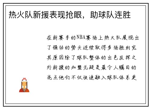 热火队新援表现抢眼，助球队连胜